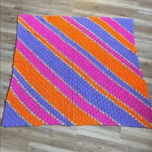 Multicolored Crocheted Blanket Throw Orange purple pink Handmade 40” X 40”